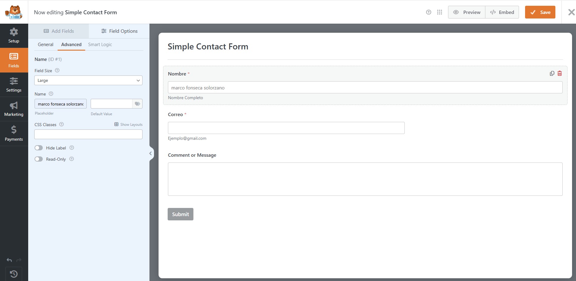 Configuración del formulario